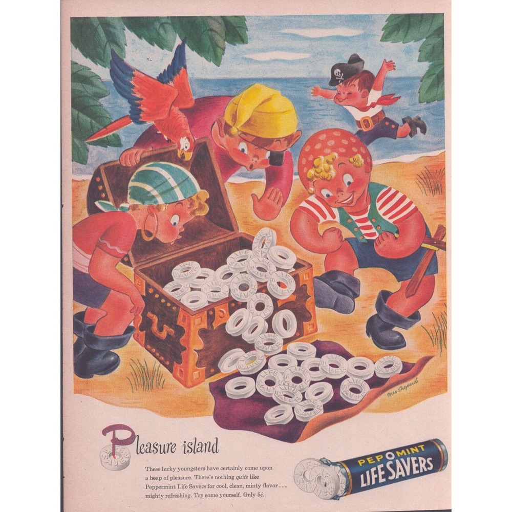 Vintage 1940s Life Savers Candy Print Ad Pleasure Island Pirate Mac Shepard Art